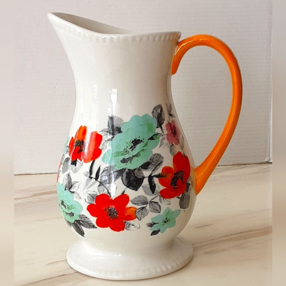 PIONEER WOMAN Flea Market Decorated Floral Ceramic Yellow Handle Pitcher 2Qts